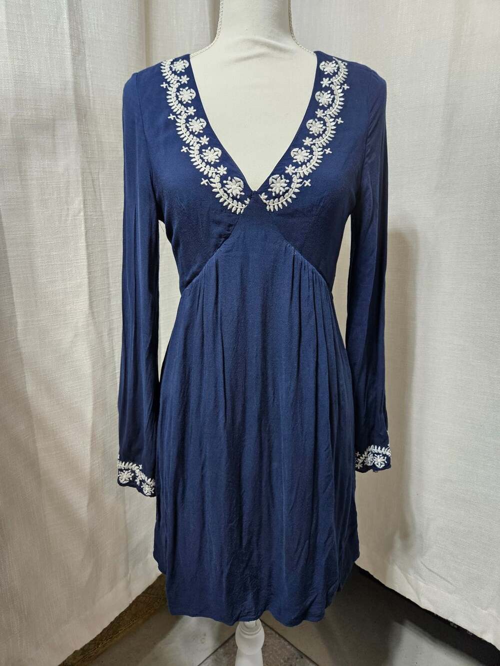 Altered State Navy Blue Long Sleeve Embroidered Open Back Mini Dress